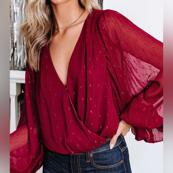 NWT Dorinda Balloon Sleeve Burgundy Bodysuit | Size XS - Picture 2 of 5